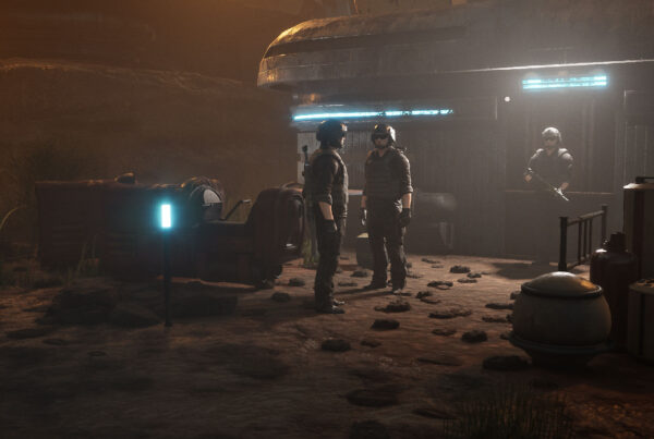 Point-of-view shot showing three armed characters near a sci-fi outpost structure, viewed from a grounded player perspective in Unreal Engine 5.