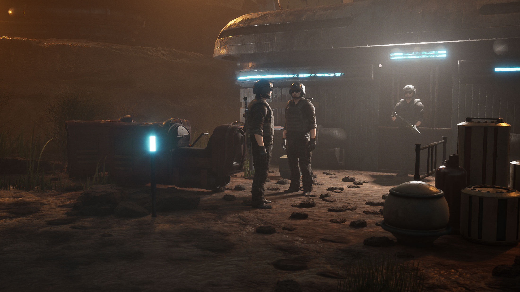 Point-of-view shot showing three armed characters near a sci-fi outpost structure, viewed from a grounded player perspective in Unreal Engine 5.