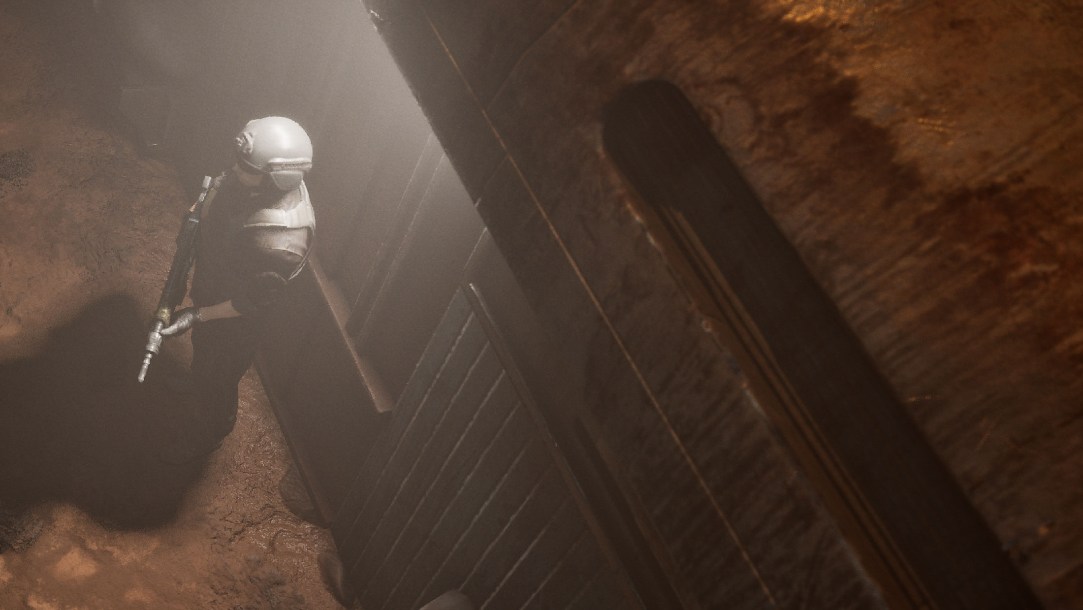 Dutch angle shot of an armed guard standing near a wall, with the scene tilted to create tension and disorientation, rendered in Unreal Engine 5.
