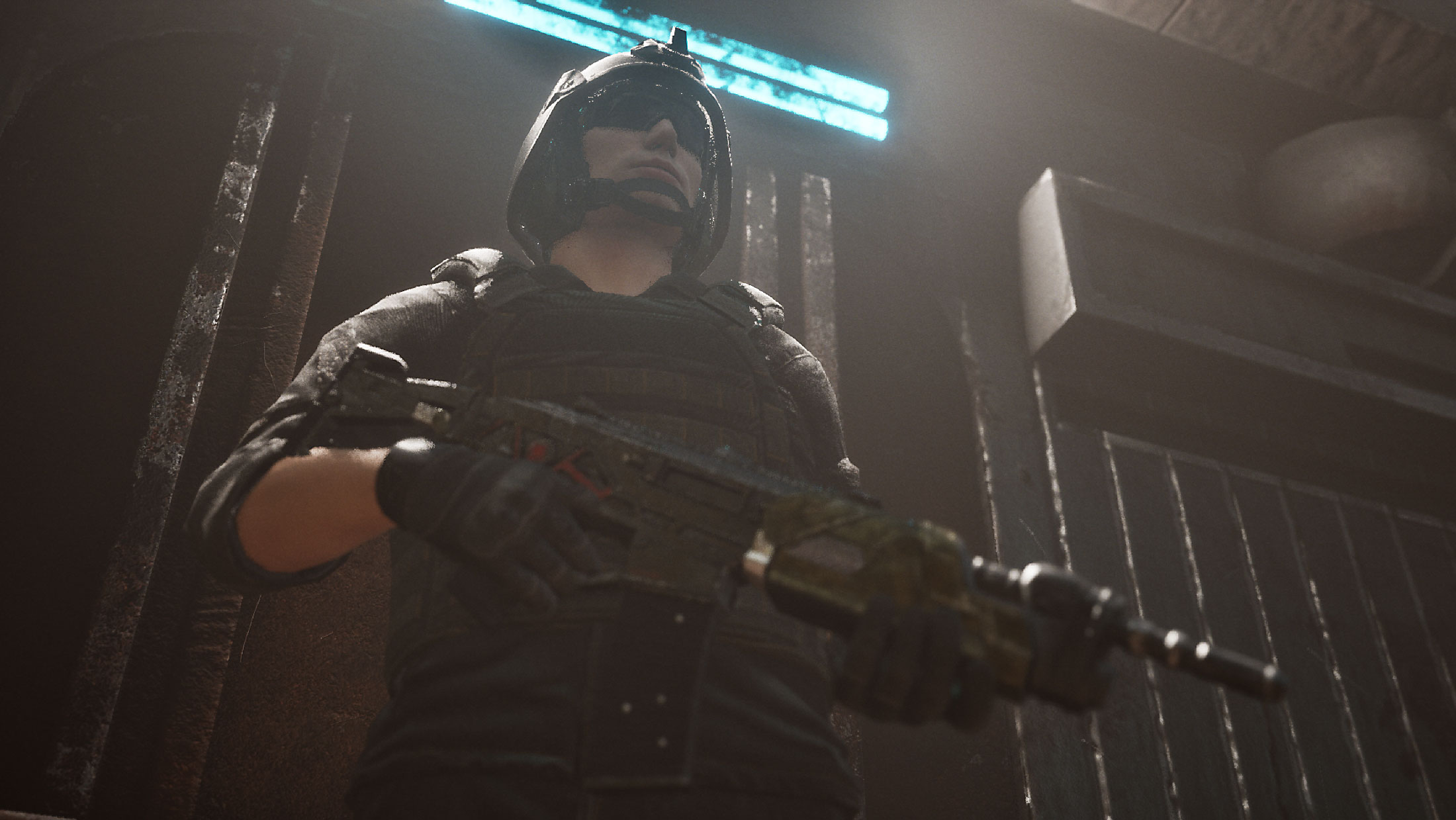 Low angle shot of an armed soldier in tactical gear, viewed from below to emphasize strength and authority, rendered in Unreal Engine 5.