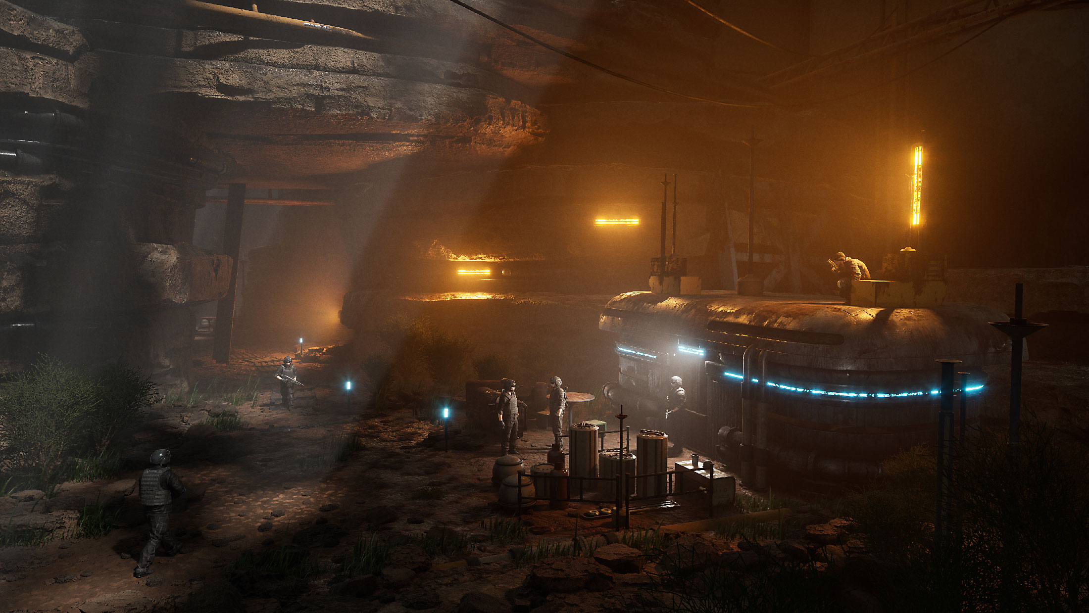 Establishing shot of an underground sci-fi outpost with soldiers, industrial lighting, and dramatic rays of light in Unreal Engine 5.