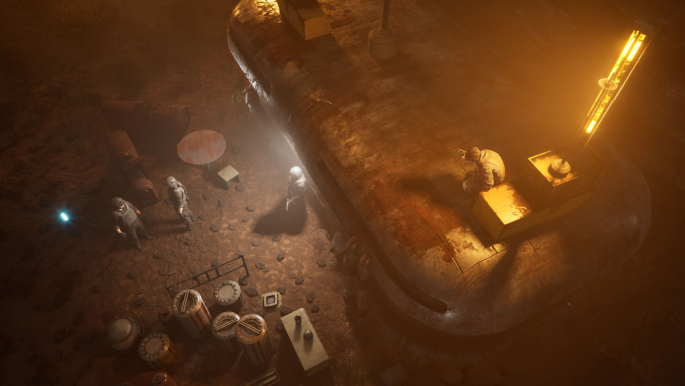 Wide shot of sci-fi soldiers working around an industrial structure inside an underground outpost, lit by warm artificial lights in Unreal Engine 5.