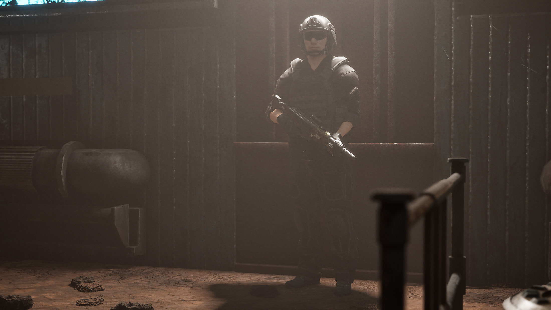 Full shot of an armed guard in tactical gear standing beside a sci-fi structure, lit with atmospheric fog in Unreal Engine 5.