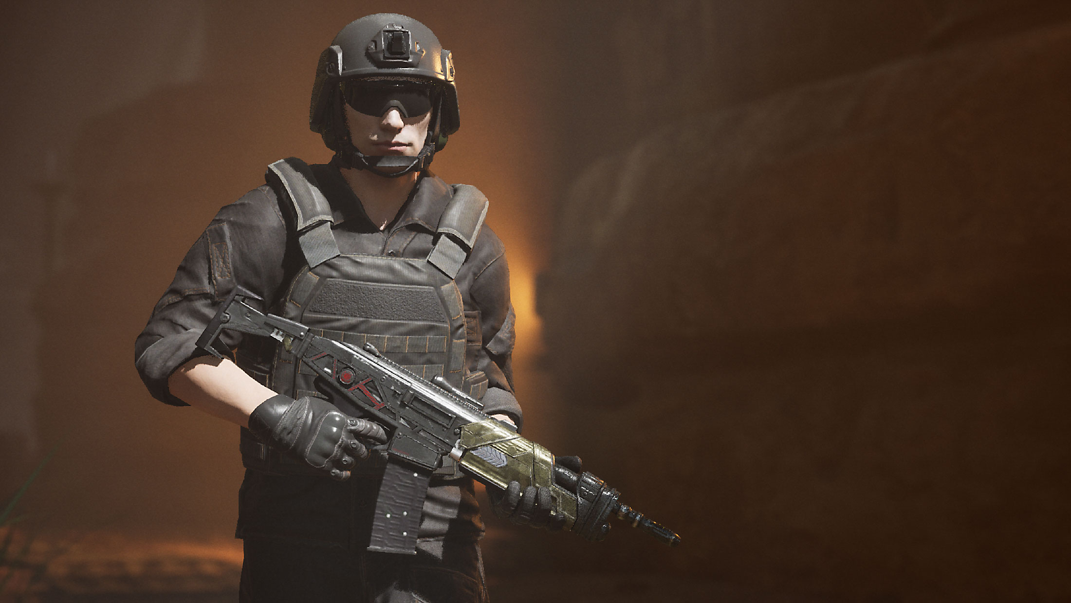 Cowboy shot of an armed soldier holding a rifle, framed from mid-thigh upward, wearing tactical gear in a rocky environment rendered in Unreal Engine 5.