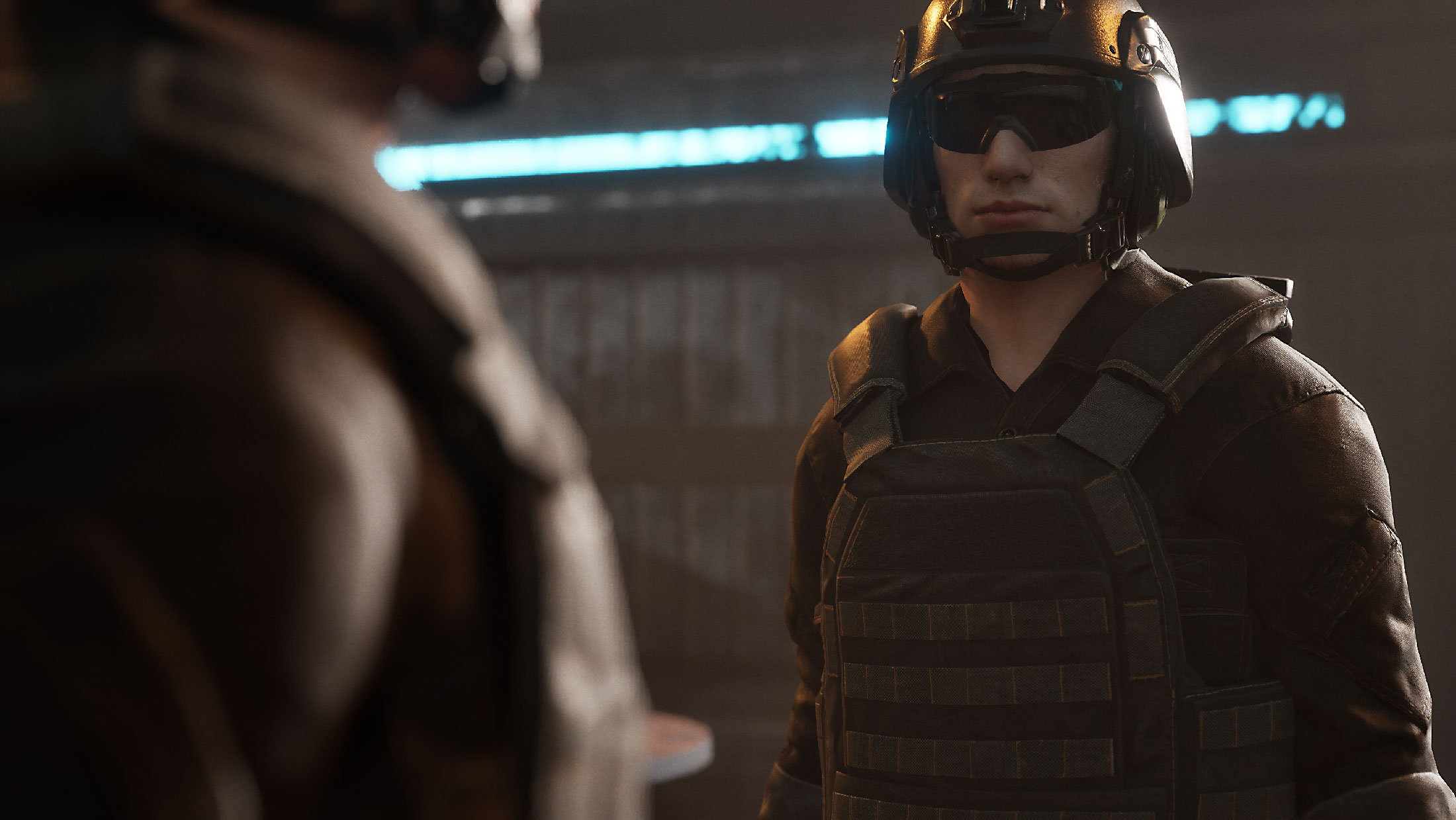 Medium shot of a tactical soldier wearing a helmet and vest, facing another blurred character in the foreground, rendered in Unreal Engine 5.