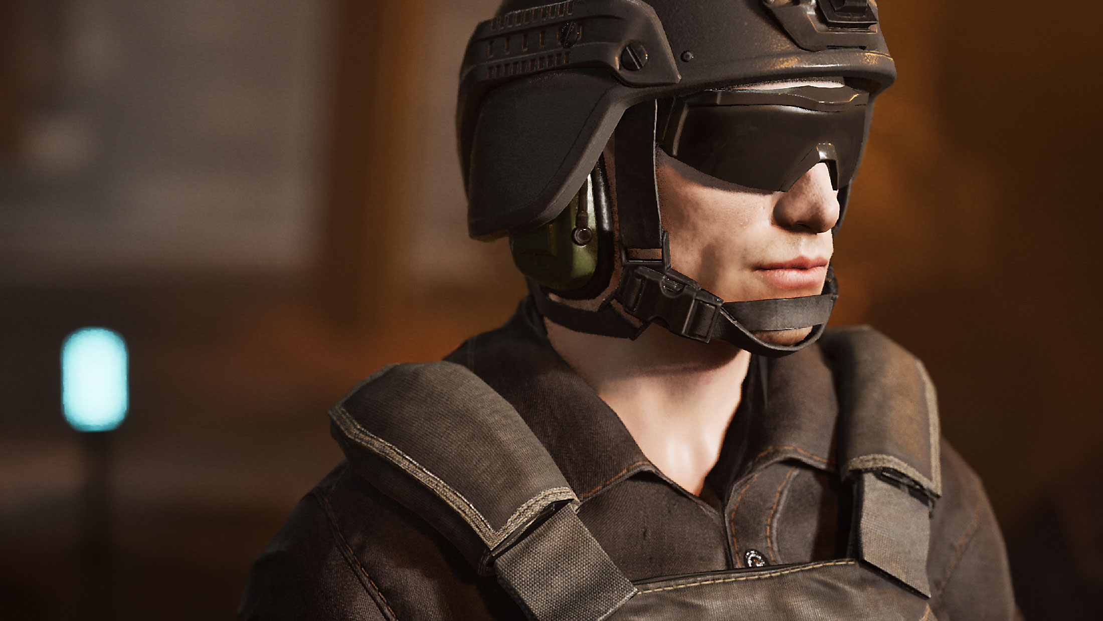Medium close-up shot of a tactical soldier wearing a helmet and visor, focusing on facial expression and gear detail, rendered in Unreal Engine 5.