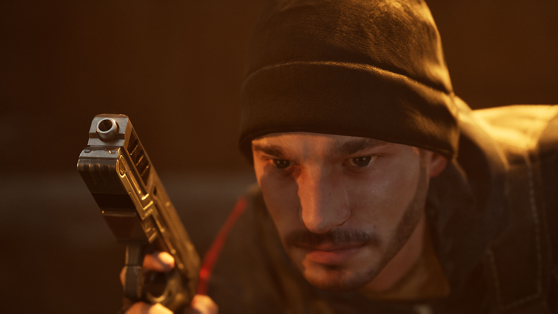 Close-up shot of a bearded character in a beanie aiming a pistol, with focused expression and dramatic lighting, rendered in Unreal Engine 5.