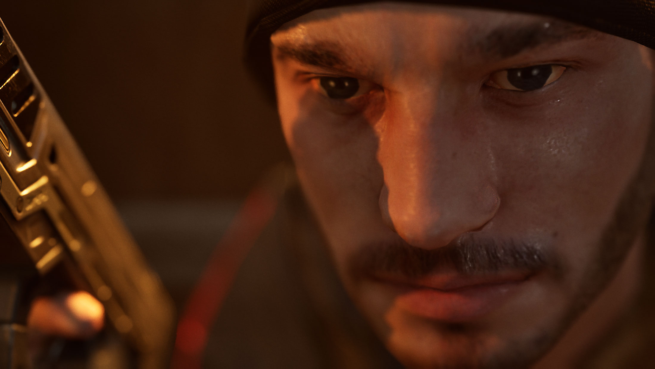 Extreme close-up of a character's face showing intense eyes, sweat, and part of a pistol, rendered in Unreal Engine 5.