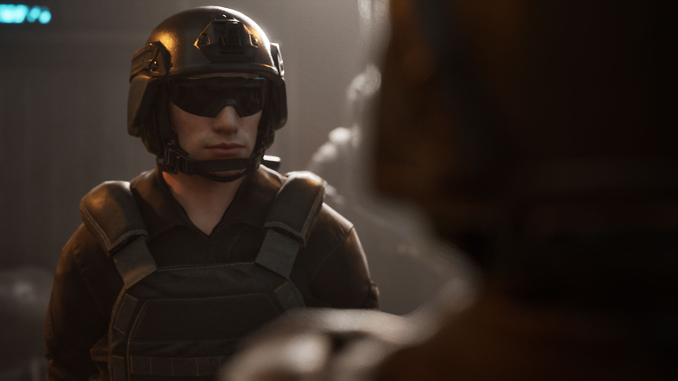 Over-the-shoulder shot showing a tactical soldier wearing a helmet and gear during a conversation, rendered in Unreal Engine 5.